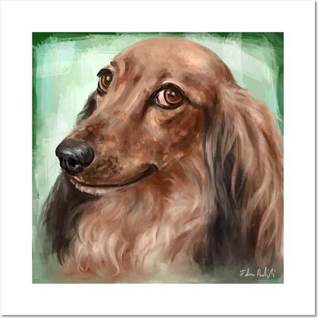 Painting of a Fluffy Dachshund with Brown Coat, on Green Background Wall Art by ibadishi